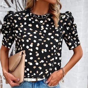 Polka Dot Puff Sleeve Top - Black and White with Tie Back